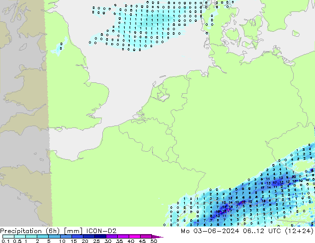 Precipitation (6h) ICON-D2 Mo 03.06.2024 12 UTC