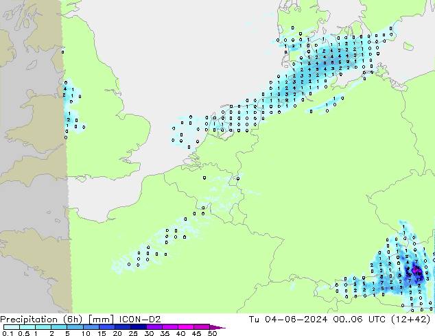 Totale neerslag (6h) ICON-D2 di 04.06.2024 06 UTC