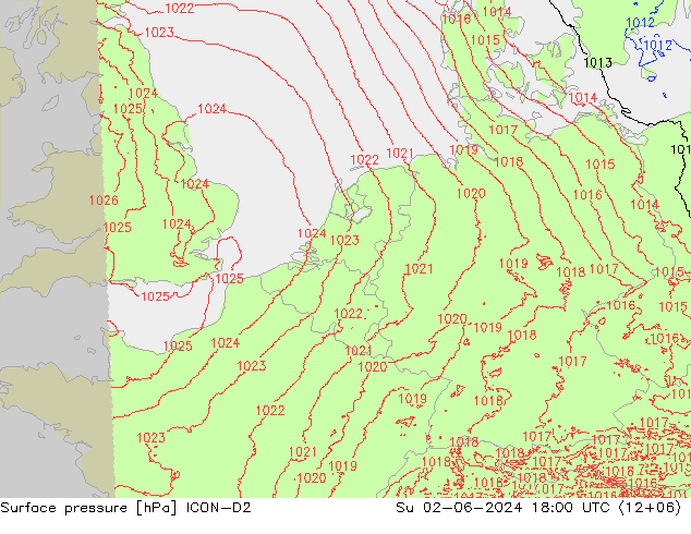 Atmosférický tlak ICON-D2 Ne 02.06.2024 18 UTC