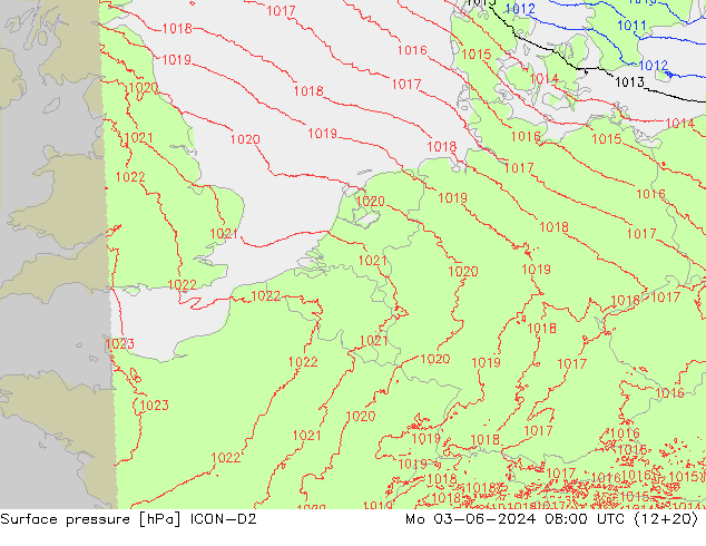 Surface pressure ICON-D2 Mo 03.06.2024 08 UTC