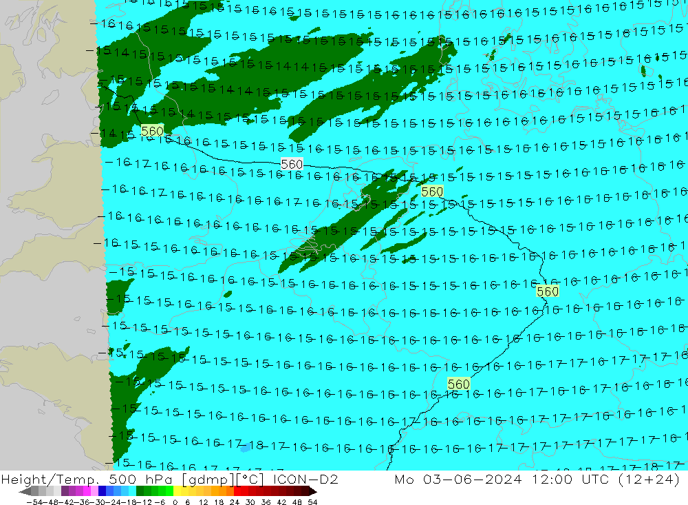 Height/Temp. 500 hPa ICON-D2 pon. 03.06.2024 12 UTC