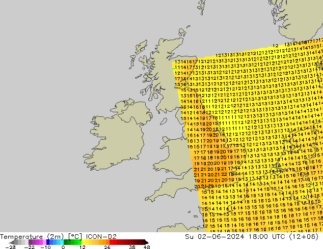 Temperatura (2m) ICON-D2 Dom 02.06.2024 18 UTC