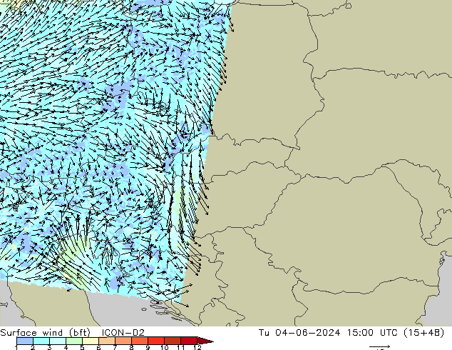 Surface wind (bft) ICON-D2 Tu 04.06.2024 15 UTC