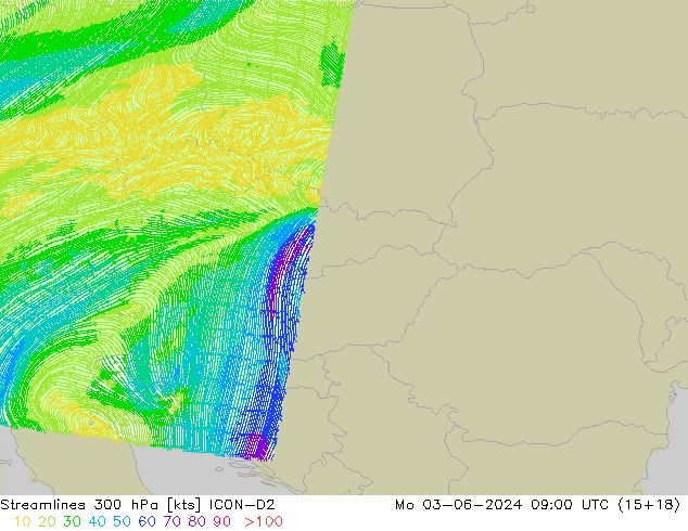 Streamlines 300 hPa ICON-D2 Po 03.06.2024 09 UTC