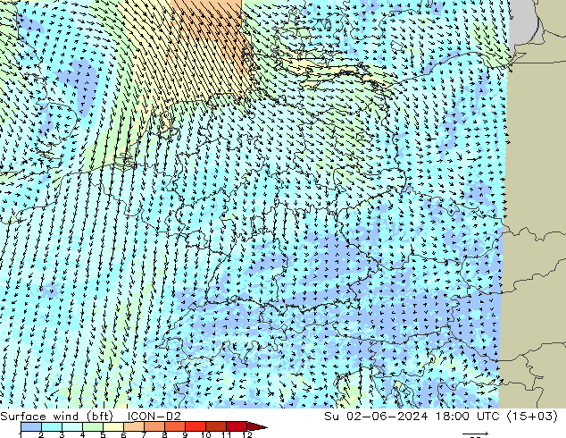 Surface wind (bft) ICON-D2 Su 02.06.2024 18 UTC