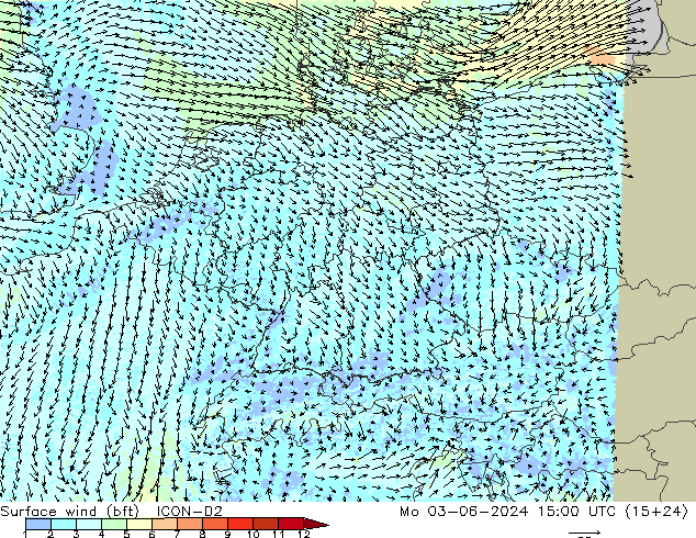 Surface wind (bft) ICON-D2 Mo 03.06.2024 15 UTC