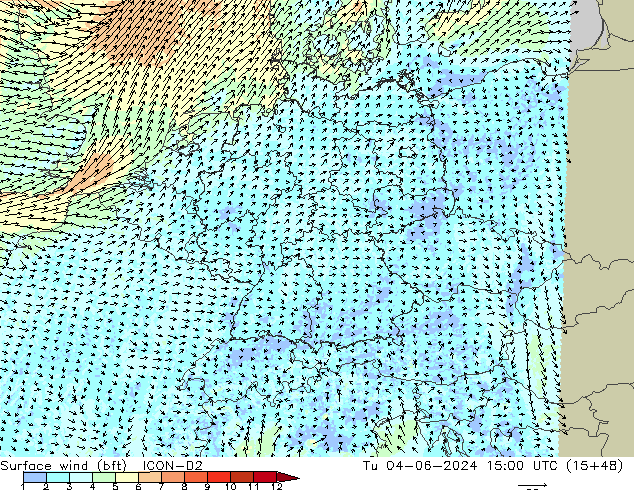 Surface wind (bft) ICON-D2 Tu 04.06.2024 15 UTC
