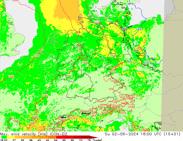 Max. wind velocity ICON-D2 dom 02.06.2024 16 UTC