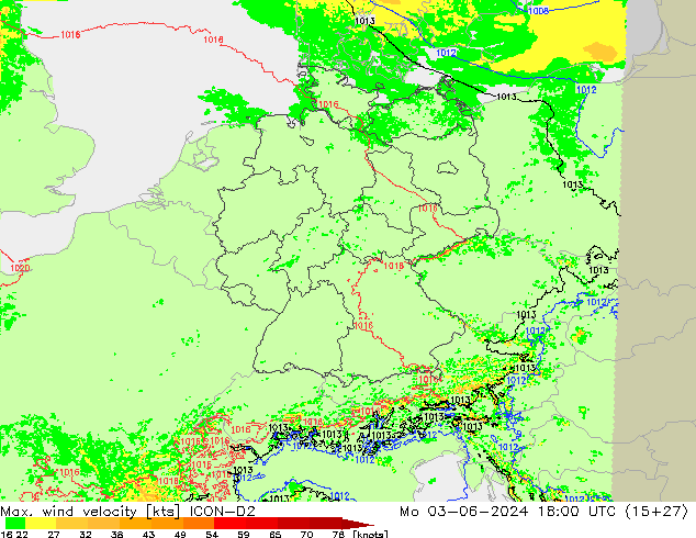 Max. wind velocity ICON-D2 lun 03.06.2024 18 UTC