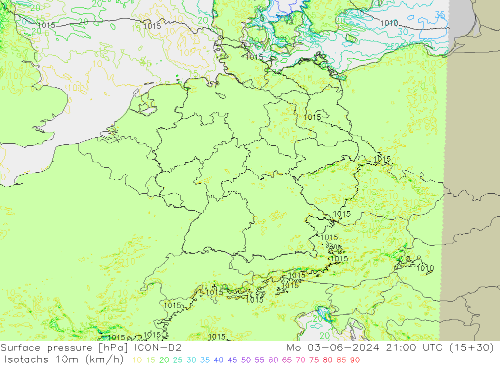 Isotachs (kph) ICON-D2 lun 03.06.2024 21 UTC