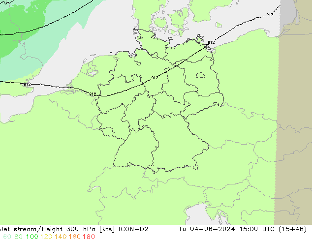 Jet stream/Height 300 hPa ICON-D2 Tu 04.06.2024 15 UTC