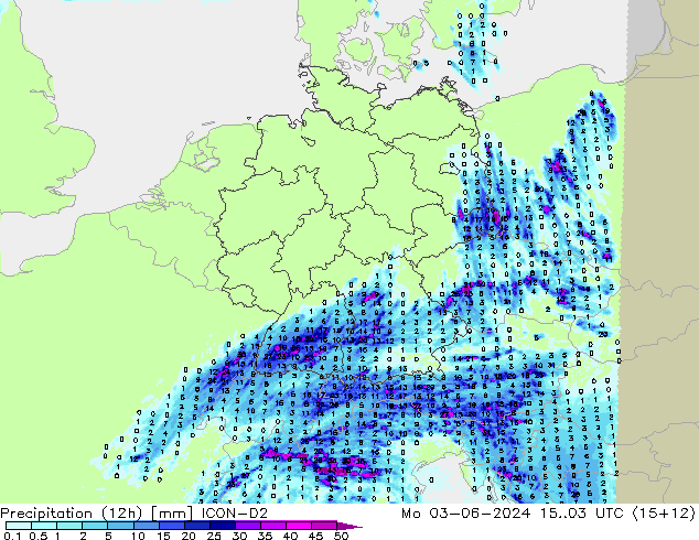 Precipitazione (12h) ICON-D2 lun 03.06.2024 03 UTC