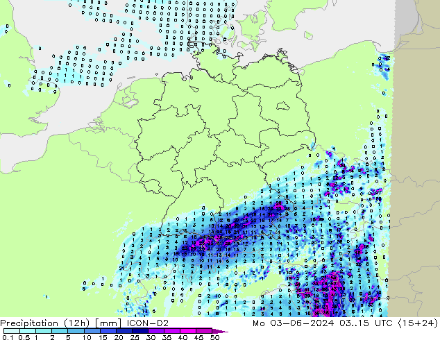Precipitation (12h) ICON-D2 Mo 03.06.2024 15 UTC