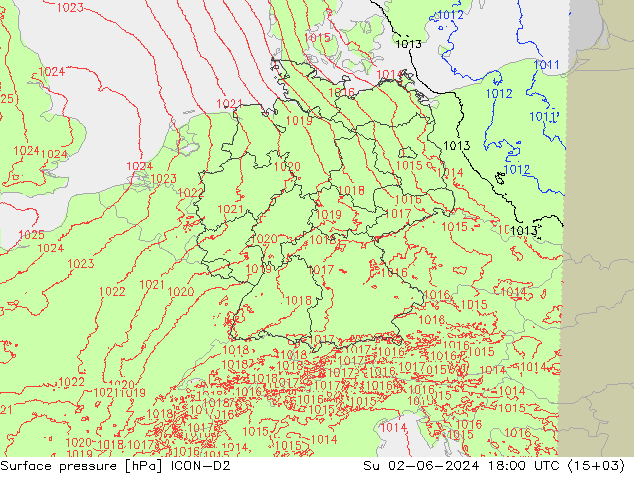 Atmosférický tlak ICON-D2 Ne 02.06.2024 18 UTC