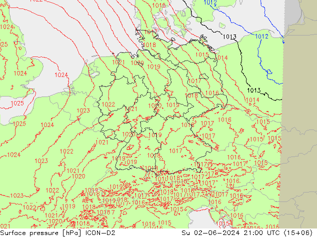 Presión superficial ICON-D2 dom 02.06.2024 21 UTC