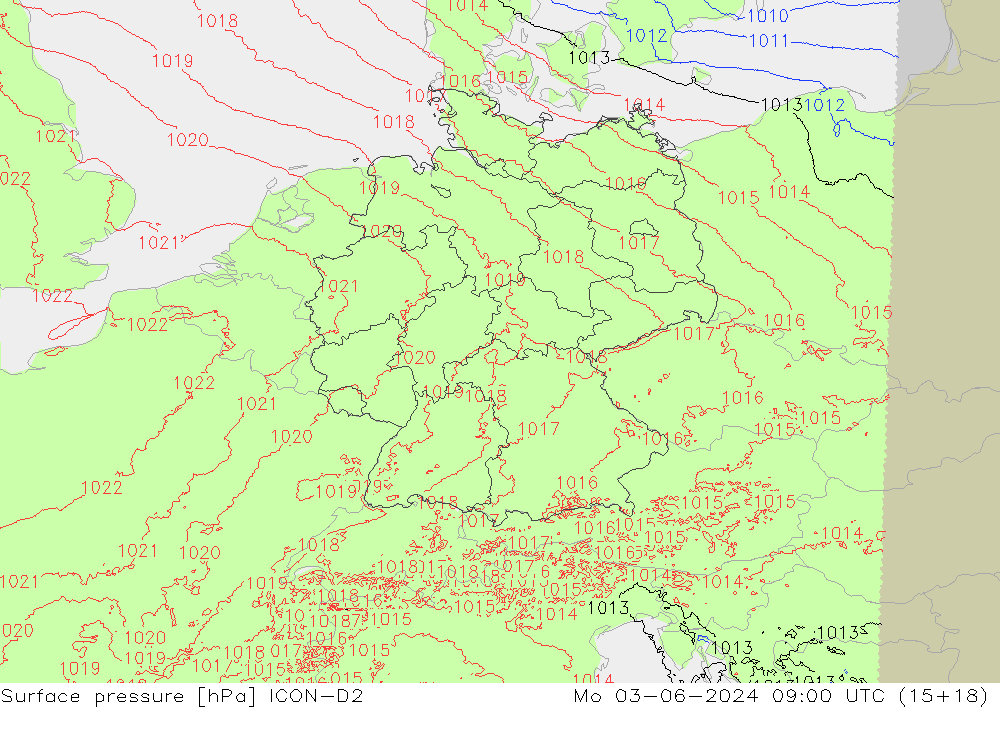 Surface pressure ICON-D2 Mo 03.06.2024 09 UTC