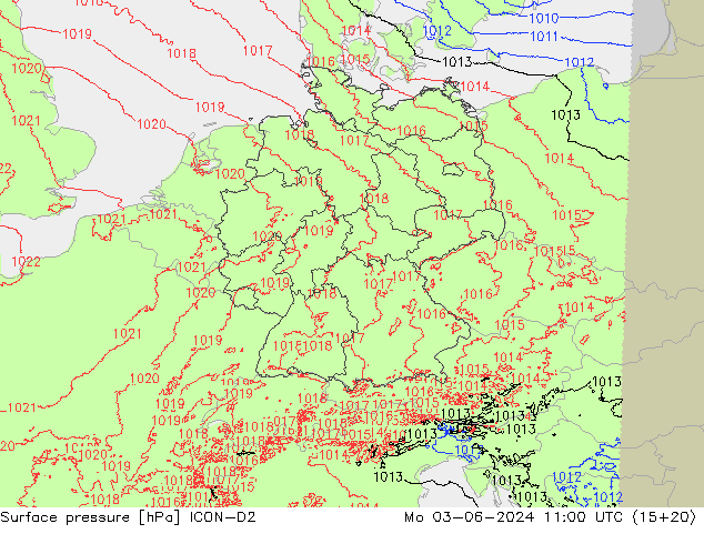 Surface pressure ICON-D2 Mo 03.06.2024 11 UTC