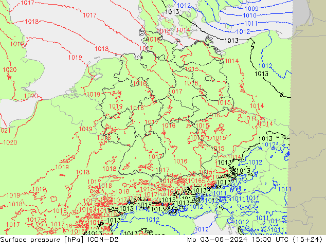Atmosférický tlak ICON-D2 Po 03.06.2024 15 UTC