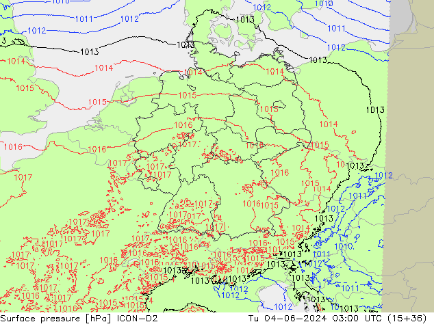 Pressione al suolo ICON-D2 mar 04.06.2024 03 UTC