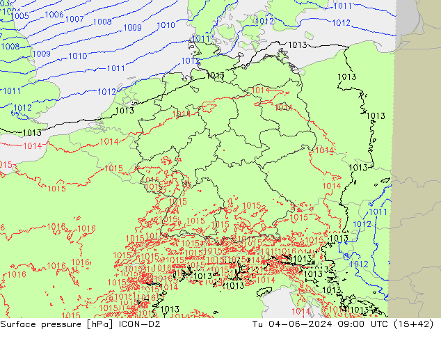 Presión superficial ICON-D2 mar 04.06.2024 09 UTC