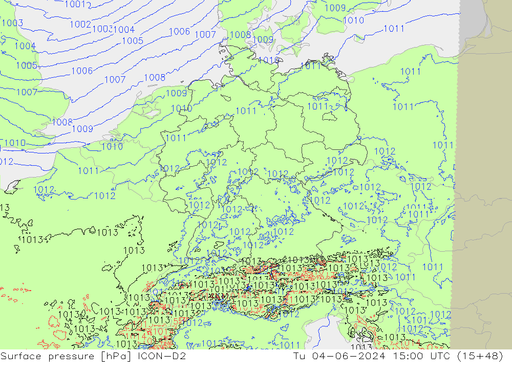Bodendruck ICON-D2 Di 04.06.2024 15 UTC