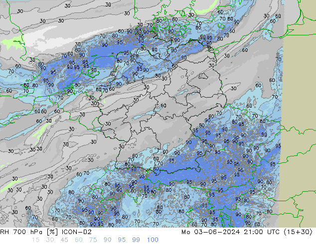 RH 700 hPa ICON-D2  03.06.2024 21 UTC