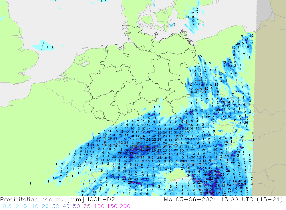 Nied. akkumuliert ICON-D2 Mo 03.06.2024 15 UTC