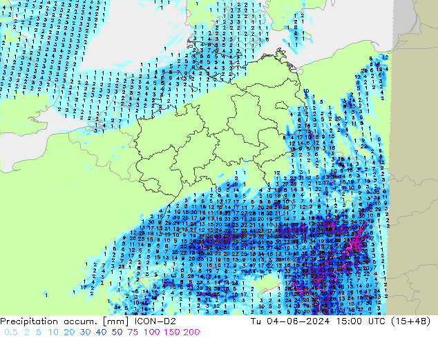 Precipitation accum. ICON-D2 Út 04.06.2024 15 UTC