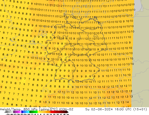 Height/Temp. 850 hPa ICON-D2 Su 02.06.2024 16 UTC