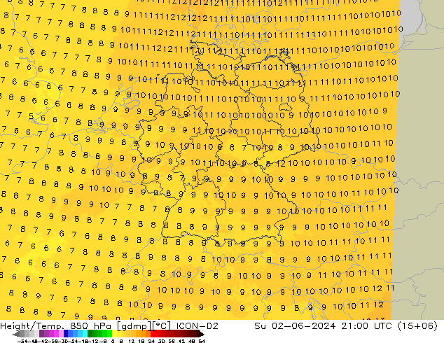 Hoogte/Temp. 850 hPa ICON-D2 zo 02.06.2024 21 UTC