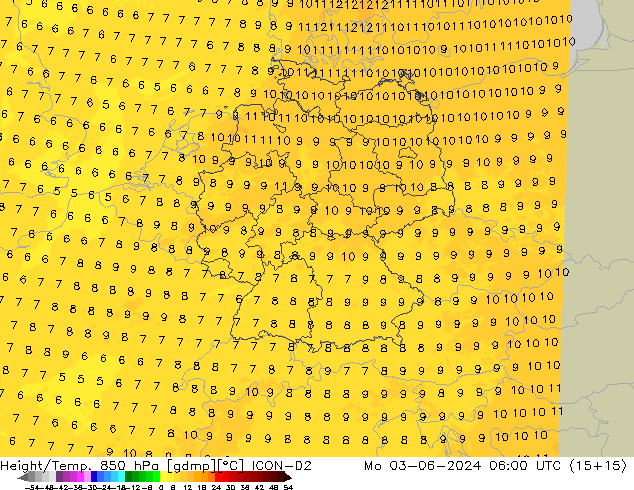 Height/Temp. 850 hPa ICON-D2 lun 03.06.2024 06 UTC