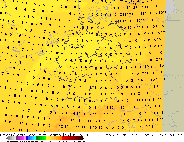 Height/Temp. 850 hPa ICON-D2 Mo 03.06.2024 15 UTC