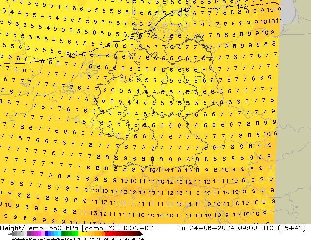 Height/Temp. 850 hPa ICON-D2 mar 04.06.2024 09 UTC