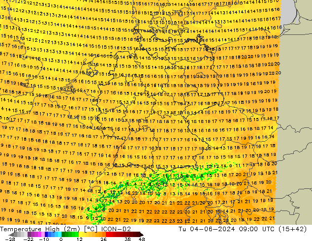 Temperatura máx. (2m) ICON-D2 mar 04.06.2024 09 UTC