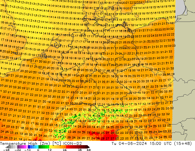 Nejvyšší teplota (2m) ICON-D2 Út 04.06.2024 15 UTC