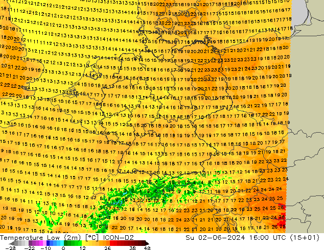 Tiefstwerte (2m) ICON-D2 So 02.06.2024 16 UTC