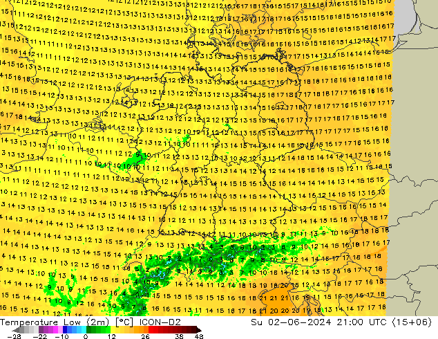 Temperature Low (2m) ICON-D2 Su 02.06.2024 21 UTC