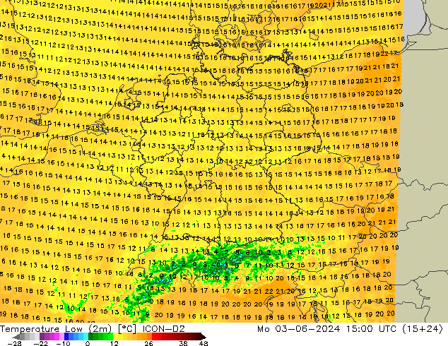 Temperatura mín. (2m) ICON-D2 lun 03.06.2024 15 UTC