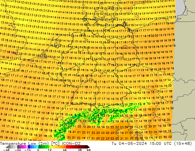 Temperatura mín. (2m) ICON-D2 mar 04.06.2024 15 UTC