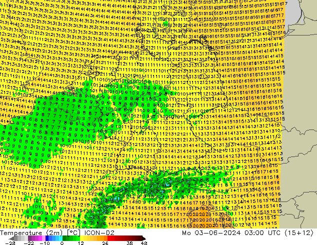 Temperatuurkaart (2m) ICON-D2 ma 03.06.2024 03 UTC