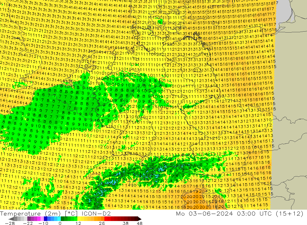 Temperatuurkaart (2m) ICON-D2 ma 03.06.2024 03 UTC