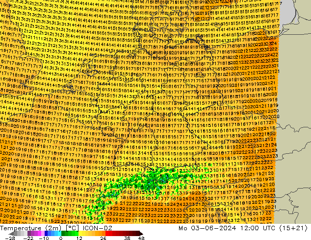 Temperatuurkaart (2m) ICON-D2 ma 03.06.2024 12 UTC