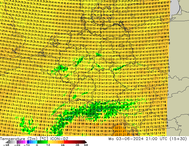 Temperatuurkaart (2m) ICON-D2 ma 03.06.2024 21 UTC