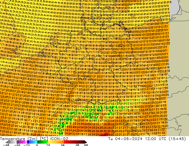 Temperature (2m) ICON-D2 Tu 04.06.2024 12 UTC