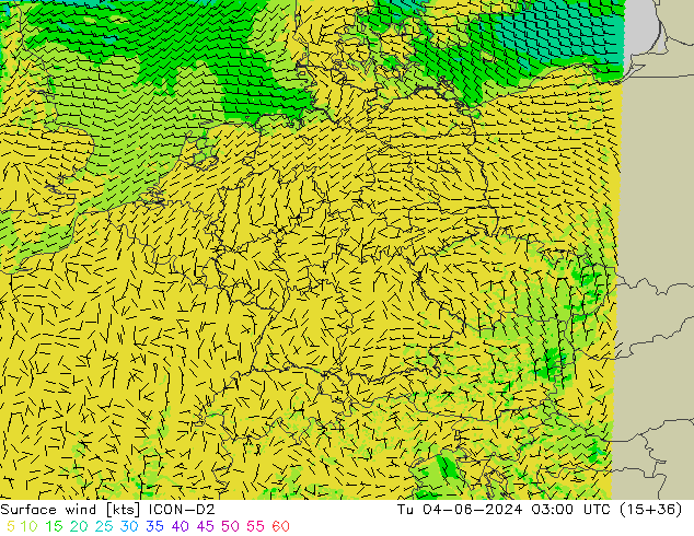 Surface wind ICON-D2 Tu 04.06.2024 03 UTC
