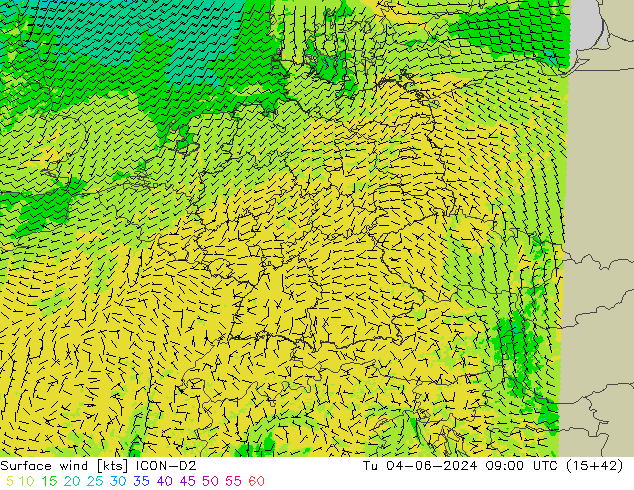 Viento 10 m ICON-D2 mar 04.06.2024 09 UTC