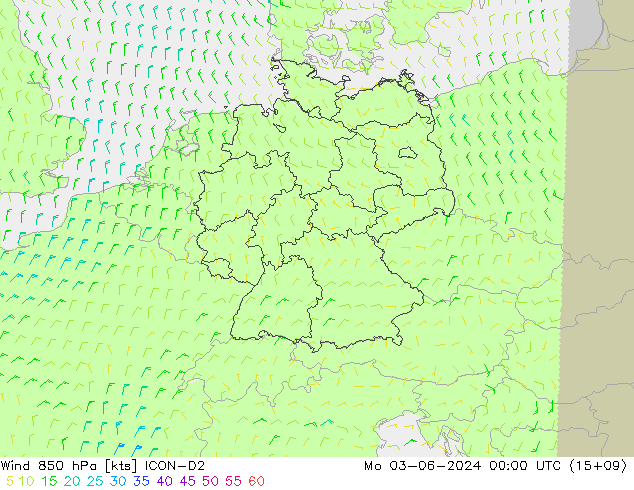 Vento 850 hPa ICON-D2 Seg 03.06.2024 00 UTC