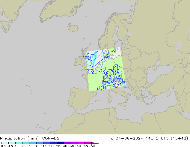 Srážky ICON-D2 Út 04.06.2024 15 UTC