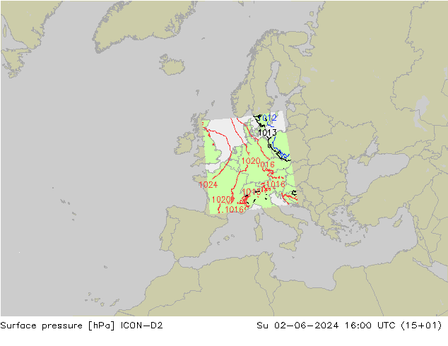Presión superficial ICON-D2 dom 02.06.2024 16 UTC