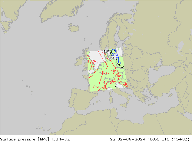 Atmosférický tlak ICON-D2 Ne 02.06.2024 18 UTC